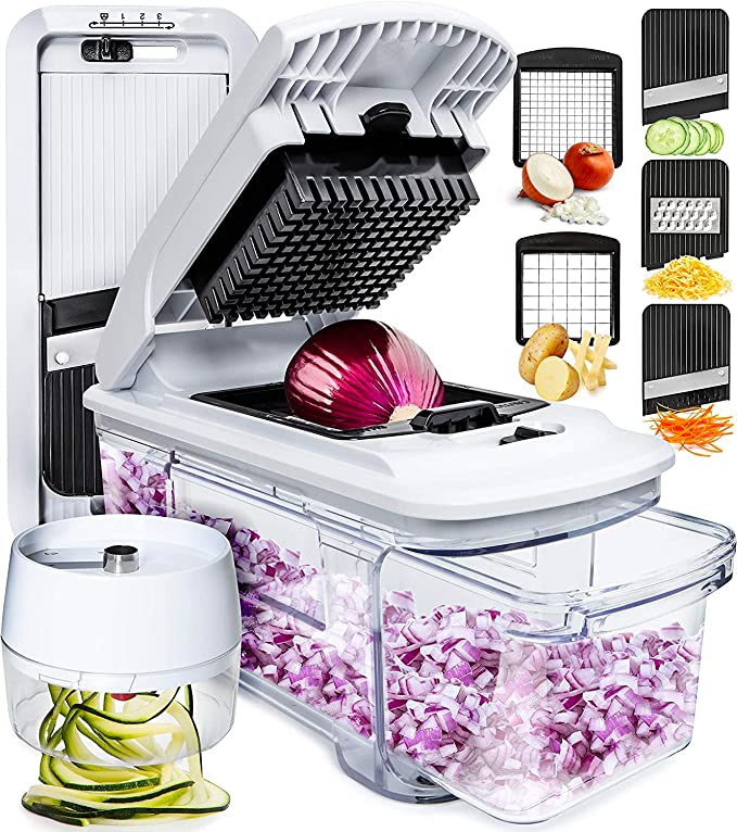 Vegetable Chopper, Mandoline Slicer & Cheese Grater | Multi Blade French Fry Cutter & Veggie Dicer |